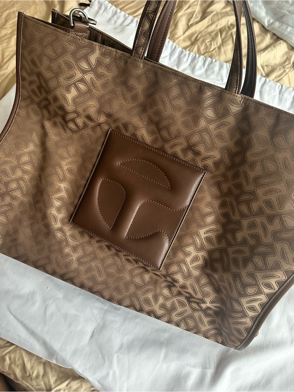 Large telfar Brown Monogram jacquard Tote with Embossed Patch